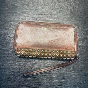 Brown Leather Coach Wristlet with Silver Stud Accents